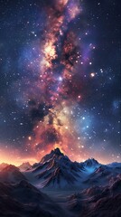 Wall Mural - A beautiful night sky with mountains in the background and a colorful cloud of light. The sky is filled with stars and the mountains are covered in snow. The scene is peaceful and serene