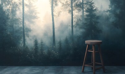 Wall Mural - Wooden Stool Against a Misty Forest Background