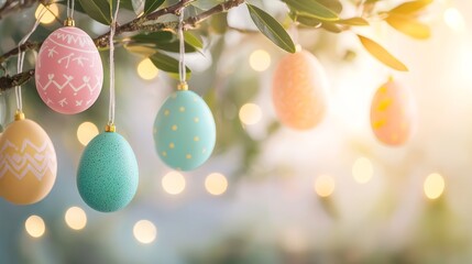 Poster - Easter Eggs Hanging From Tree Branch with Bokeh Lights.