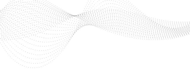 Poster - Abstract flowing dots particles wave curved lines on transparent background. Black halftone gradient smooth curve line shape background. Design for frequency sound, technology, science, banner. Vector