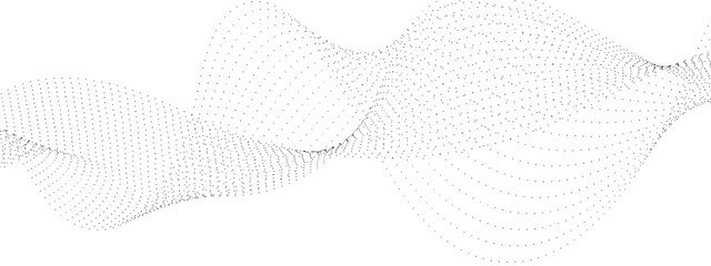 Poster - Abstract flowing dots particles wave curved lines on transparent background. Black halftone gradient smooth curve line shape background. Design for frequency sound, technology, science, banner. Vector