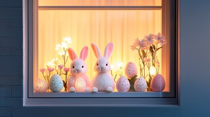 Poster - Easter Window Display with Bunnies and Eggs.