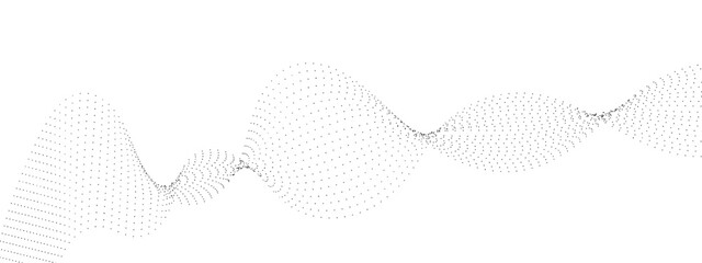 Poster - Flowing wave dot particles halftone pattern black gradient curve shape isolated on transparent background. Digital future technology concept, science, banner, business, music. Vector illustration.