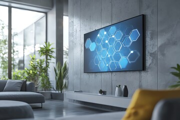 Modern living room with smart TV displaying abstract technology graphics, complemented by plants and minimalist decor.