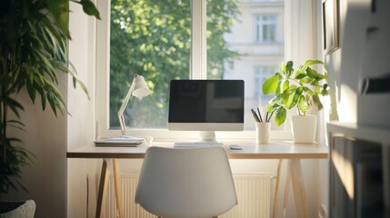 Poster - A close-up of a minimalistic home office with a streamlined desk, ergonomic chair, and a large, uncluttered work surface, highlighted by natural light from a nearby window.