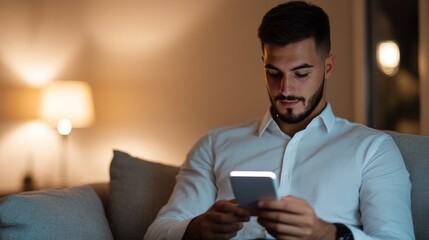 A man in a stylish living room, using a smart device to control the lighting and temperature, creating a warm and inviting environment with advanced technology