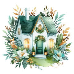 Green gold house home watercolor painting exterior with flowers leaves transparent background png