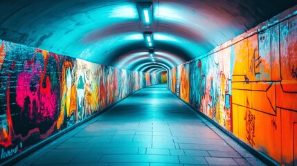 Fototapete - A close-up of a pedestrian tunnel with colorful murals or artwork on the walls, capturing the vibrant and creative design elements of the tunnel interior.