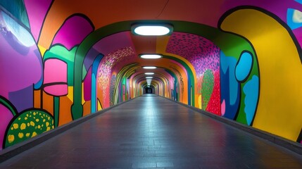 Fototapete - A close-up of a pedestrian tunnel with colorful murals or artwork on the walls, capturing the vibrant and creative design elements of the tunnel interior.