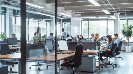 modern open-plan office with employees working at desks