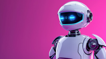 Poster - A robot with blue eyes stands in front of a pink background