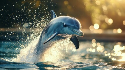 Aufkleber - A close-up of a playful dolphin leaping out of the water with droplets shimmering in the sunlight, showcasing its graceful movement and joyful expression.