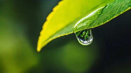 Poster - A close-up of a single water droplet hanging delicately from the edge of a green leaf, with reflections of the surrounding environment visible in the droplet.