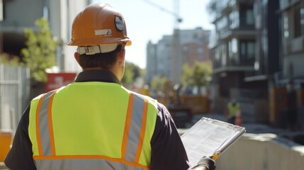 Poster - A close-up of a site engineer reviewing safety equipment and ensuring compliance, with a focus on their professional attire and attention to detail.