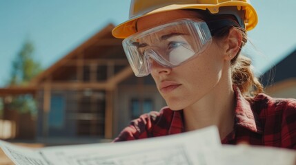 Aufkleber - A close-up of a site engineer wearing a hard hat and safety goggles, closely examining blueprints on a construction site, with focus on their detailed expression.