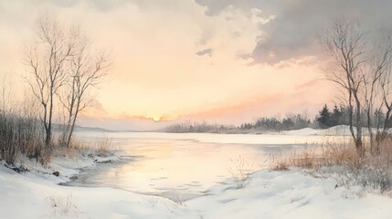 a watercolor depiction of a snowy winter landscape with a frozen lake, bare trees, and soft pastel s