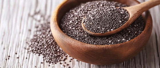 Wooden bowl filled with chia seeds and wooden scoop on a rustic table, highlighting healthy food concepts, superfoods, and natural ingredients