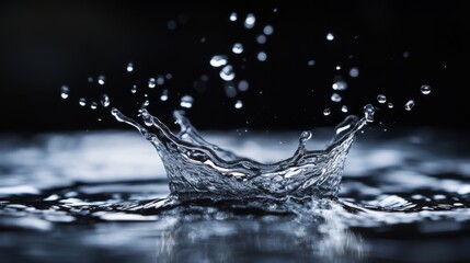 Poster - A close-up of a splash of water with multiple droplets frozen in mid-air, creating dynamic patterns against a dark background.