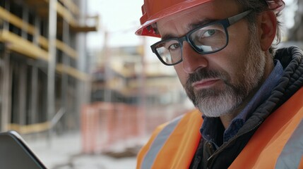 Aufkleber - A close-up of a site engineer with a thoughtful expression, analyzing data on a laptop or tablet, with a construction site visible in the background.