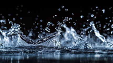Leinwandbilder - A close-up of a splash of water with multiple droplets frozen in mid-air, creating dynamic patterns against a dark background.