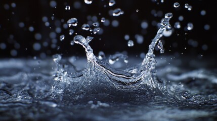 Poster - A close-up of a splash of water with multiple droplets frozen in mid-air, creating dynamic patterns against a dark background.