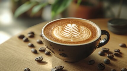 Poster - A close-up of a steaming cup of hot coffee with a swirl of creamy milk, set on a wooden table with coffee beans scattered around.