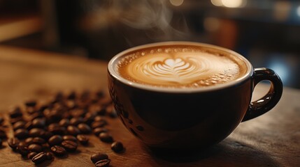 Poster - A close-up of a steaming cup of hot coffee with a swirl of creamy milk, set on a wooden table with coffee beans scattered around.
