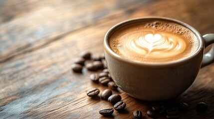 Poster - A close-up of a steaming cup of hot coffee with a swirl of creamy milk, set on a wooden table with coffee beans scattered around.