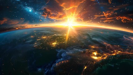 Wall Mural - Sun illuminating earth revealing city lights