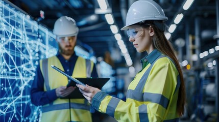 Male And Female Industrial Engineers Using Tablet In Modern Manufacturing Facility