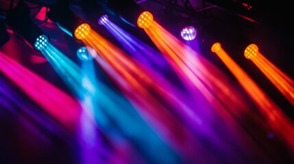 Poster - A close-up of colorful stage lights during a live performance, with beams of light in various hues creating a lively and energetic ambiance.