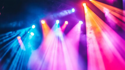 Poster - A close-up of colorful stage lights during a live performance, with beams of light in various hues creating a lively and energetic ambiance.