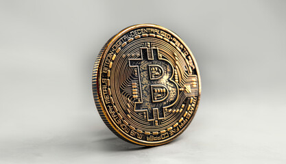 Detailed close-up of a physical Bitcoin coin standing upright on a neutral background, showcasing the intricate design and metallic texture of the cryptocurrency symbol