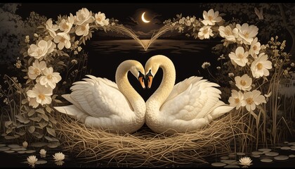 A devoted pair of swans kiss in the shape of a love heart against the backdrop of a night lake and nest.