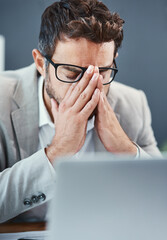 Poster - man, laptop and headache in office with glasses, mistake or thinking with fatigue for job at insuran