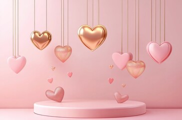 Aufkleber - Valentine's Day background with a pink and gold color theme. In the middle of the composition is a heart-shaped podium, with hanging golden hearts for product display presentation, set against a soft,