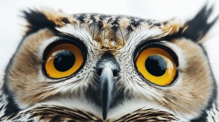 Close-up of an owl with big yellow eyes and brown feathers perched on a branch, looking at the camera with a blurred background in nature