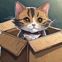  small cute cat in cardboard box stylized illustration, generative Ai
