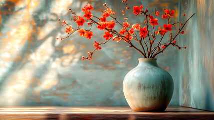 Bouquet de branches en fleurs dans un vase sur fond d'un mur décrépit dans le style nature morte