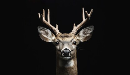 Close up of a majestic white-tailed deer with impressive antlers isolated on black background, perfect for nature and wildlife storytelling