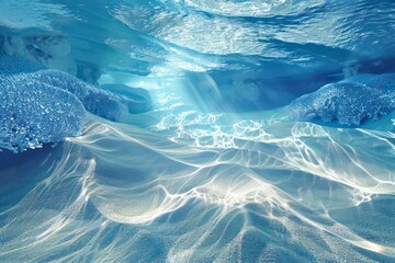 The underwater ocean floor is calm and filled with soft, rippling sand, illuminated by sunlight filtering through the clear water, creating a peaceful seascape scene.