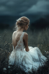 Sad bride sits on a dark misty meadow