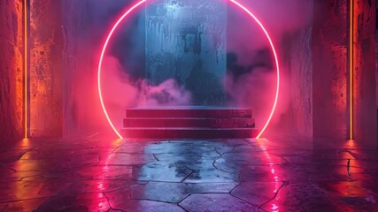 Wall Mural - Smoke filling neon ring gate in futuristic room