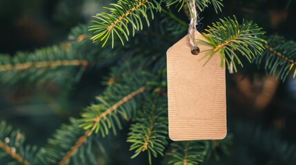 Blank Kraft Paper Tag Hanging on a Christmas Tree Branch