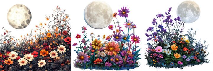 Wall Mural -  Set off A magical garden with full moon blooming night color isolated on a transparent background