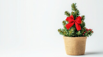 Small Christmas Tree with Red Bow in Burlap Pot on White Background