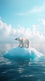 A polar bear surveys its surroundings while perched on a floating iceberg in tranquil Arctic waters