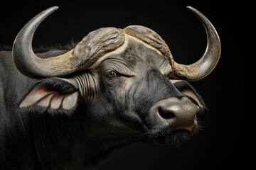 Photo of a buffalo isolated against a black background, emphasising the buffalo's majestic features. Wildlife and conservation concept, space for copy.