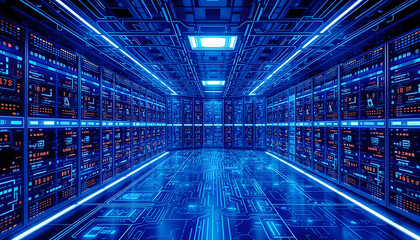 Wall Mural - illustration of futuristic technology cyberspace. Information network of data center. Abstarct background blue wallpaper isolated with white highlights, png