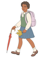 Wall Mural - African American schoolgirl in school uniform with umbrella and backpack